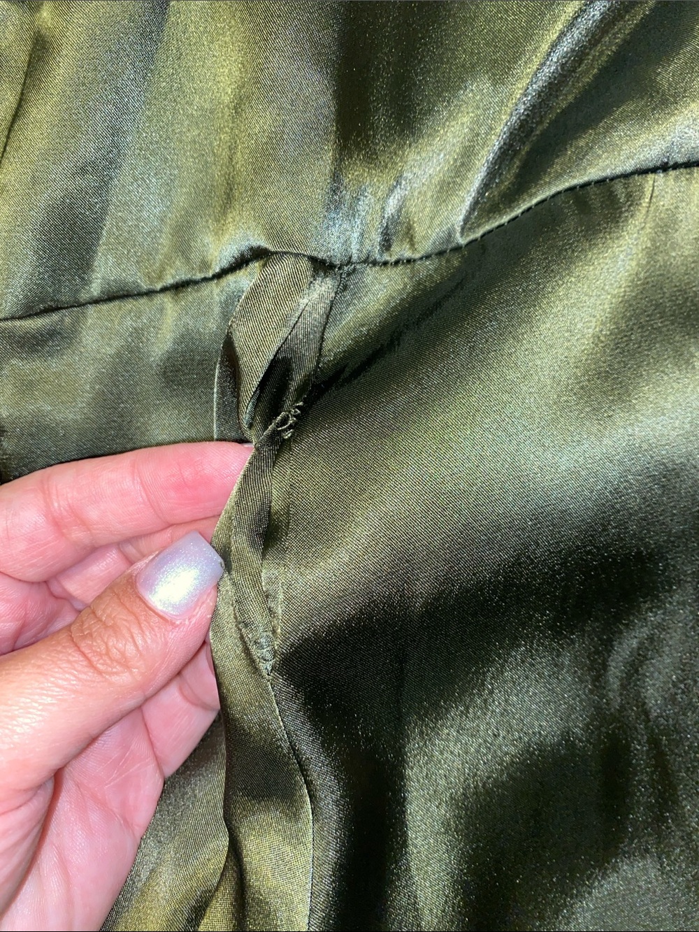 David's Bridal “Galina Signature” Olive Satin V-Neck Flutter Sleeve Maxi Dress - Picture 5 of 7
